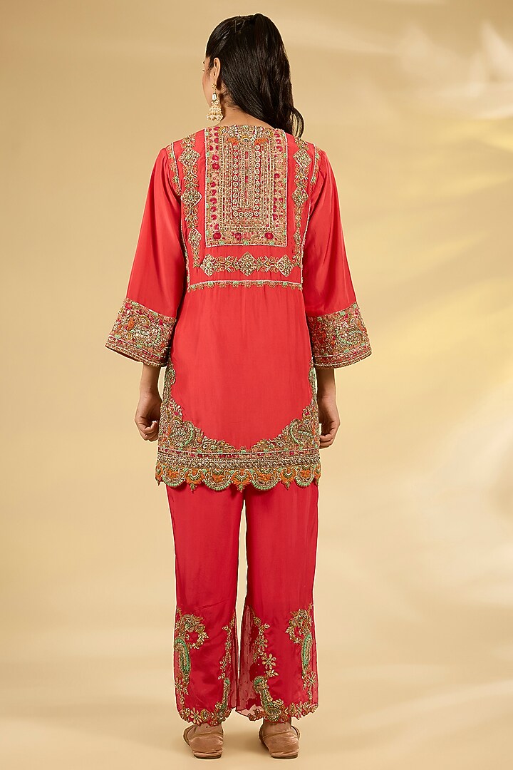 Red Silk Hand & Machine Embroidered Kurta Set by Debyani at Pernia's Pop Up Shop