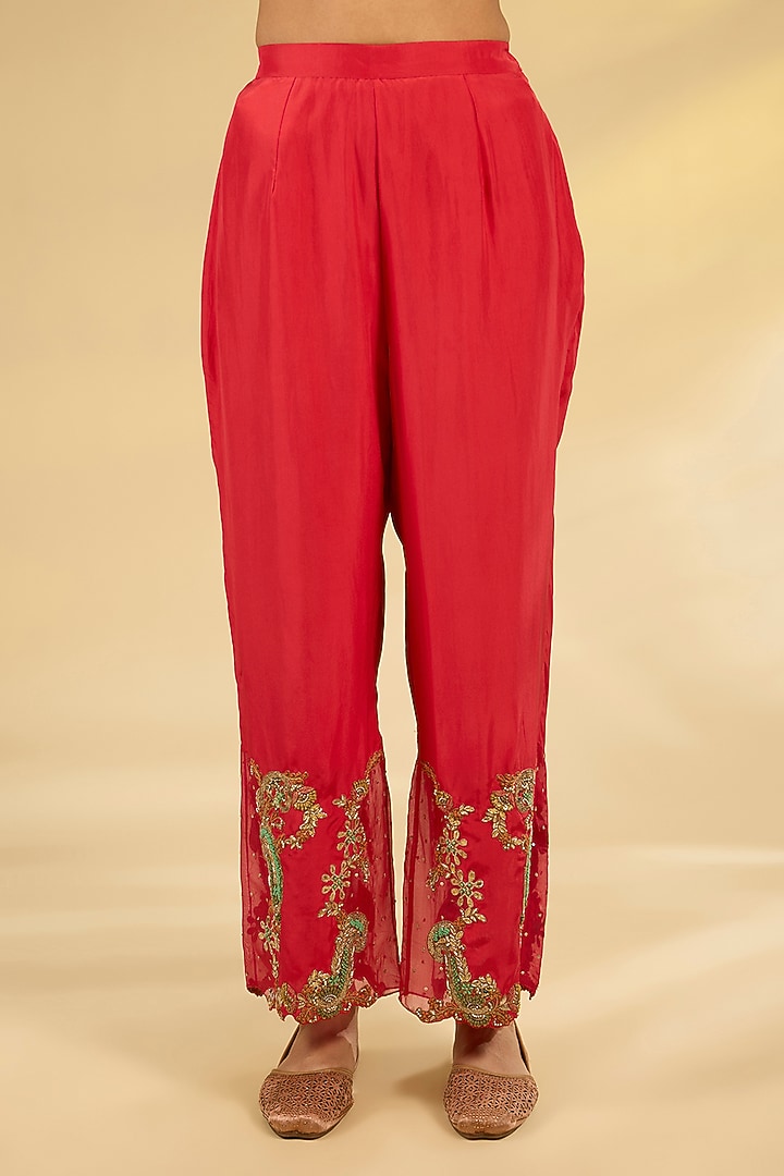 Red Silk Hand & Machine Embroidered Kurta Set by Debyani at Pernia's Pop Up Shop