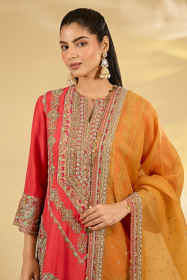 Red Silk Hand & Machine Embroidered Kurta Set by Debyani at Pernia's Pop Up Shop