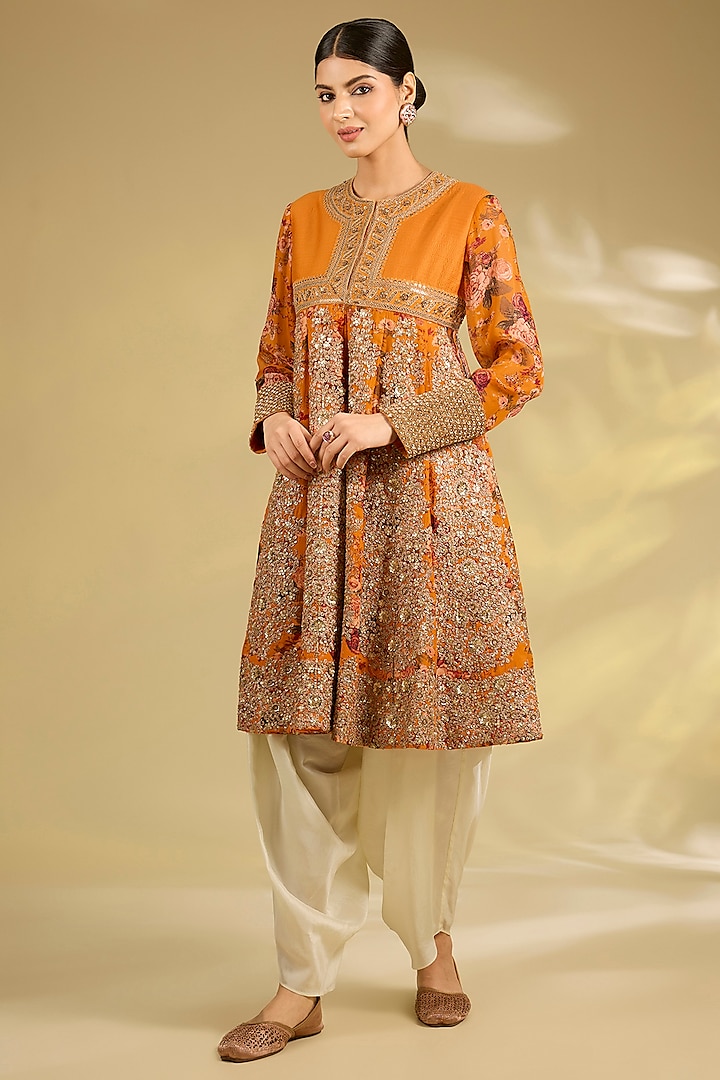 Burnt Orange Silk Hand & Machine Embroidered Kurta Set by Debyani at Pernia's Pop Up Shop