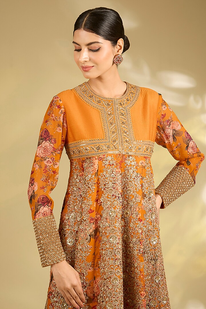 Burnt Orange Silk Hand & Machine Embroidered Kurta Set by Debyani at Pernia's Pop Up Shop