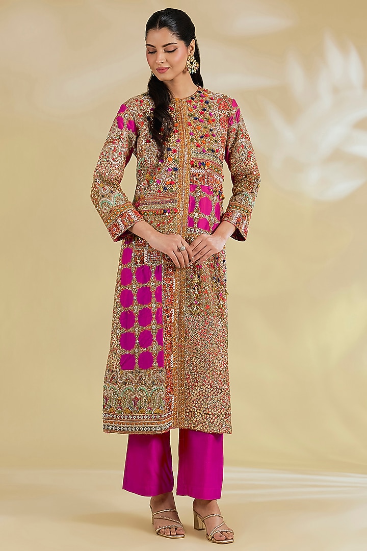 Pink Silk Hand & Machine Embroidered Kurta Set by Debyani at Pernia's Pop Up Shop