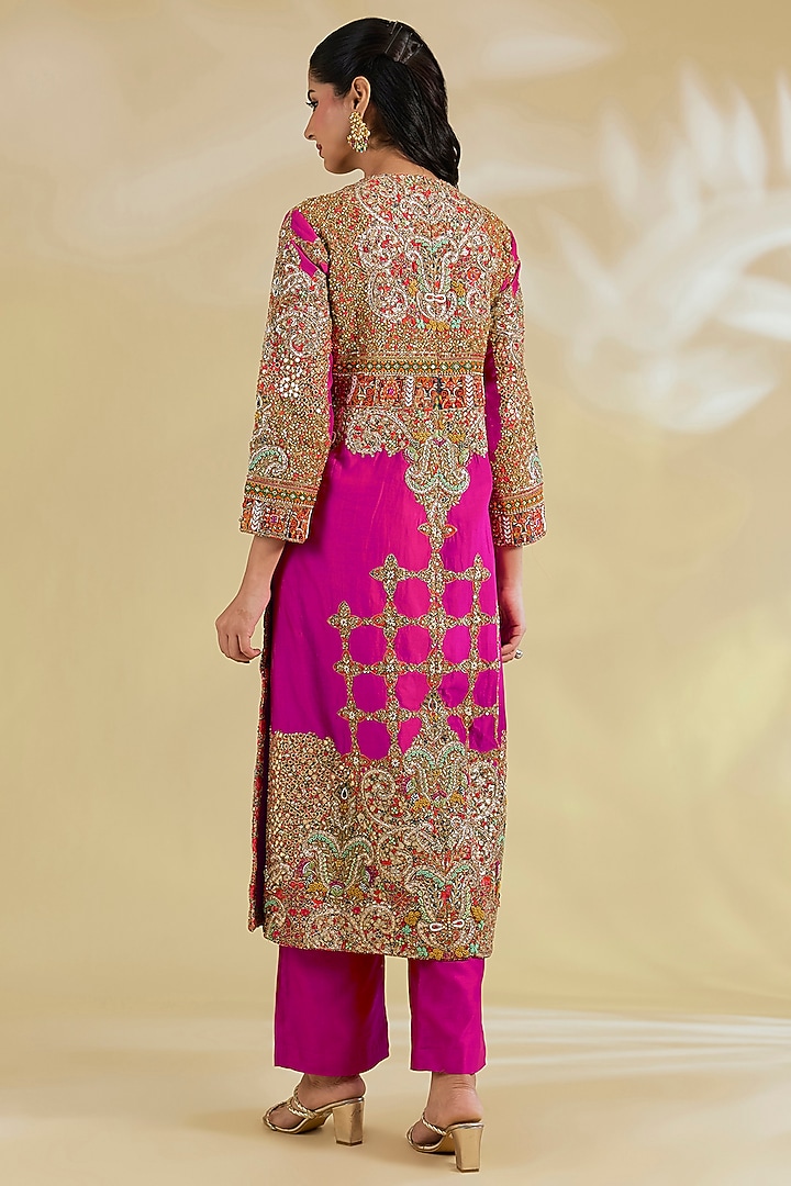Pink Silk Hand & Machine Embroidered Kurta Set by Debyani at Pernia's Pop Up Shop