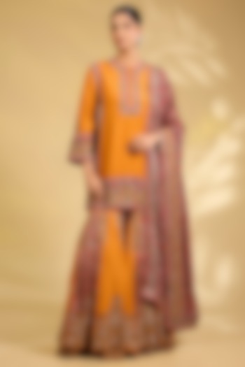 Burnt Orange Silk Hand Embroidered Bridal Sharara Set by Debyani at Pernia's Pop Up Shop