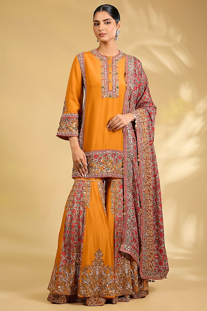 Burnt Orange Silk Hand Embroidered Bridal Sharara Set by Debyani at Pernia's Pop Up Shop