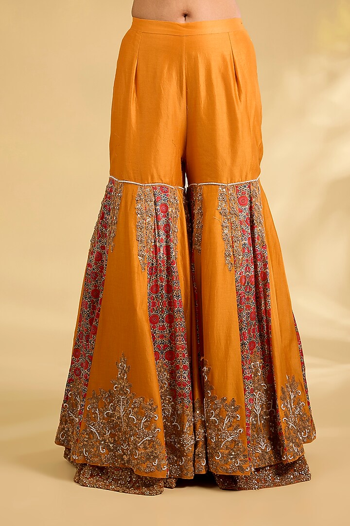 Burnt Orange Silk Hand Embroidered Bridal Sharara Set by Debyani at Pernia's Pop Up Shop
