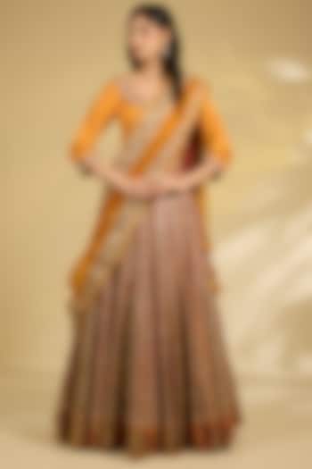 Burnt Orange Silk Hand & Machine Embroidered Bridal Lehenga Set by Debyani at Pernia's Pop Up Shop