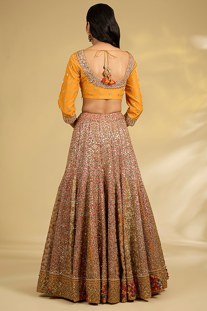 Burnt Orange Silk Hand & Machine Embroidered Bridal Lehenga Set by Debyani at Pernia's Pop Up Shop