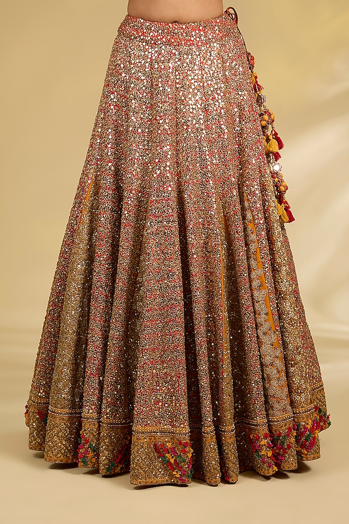 Burnt Orange Silk Hand & Machine Embroidered Bridal Lehenga Set by Debyani at Pernia's Pop Up Shop