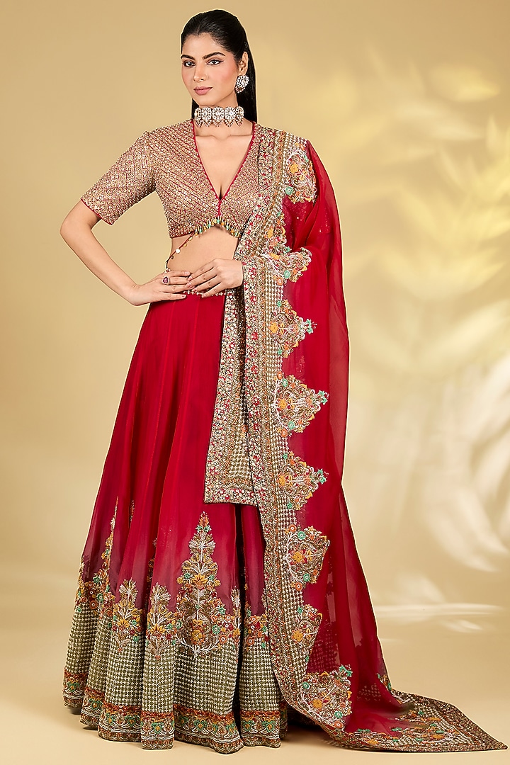 Red Silk Organza Hand & Machine Embroidered Bridal Lehenga Set by Debyani at Pernia's Pop Up Shop
