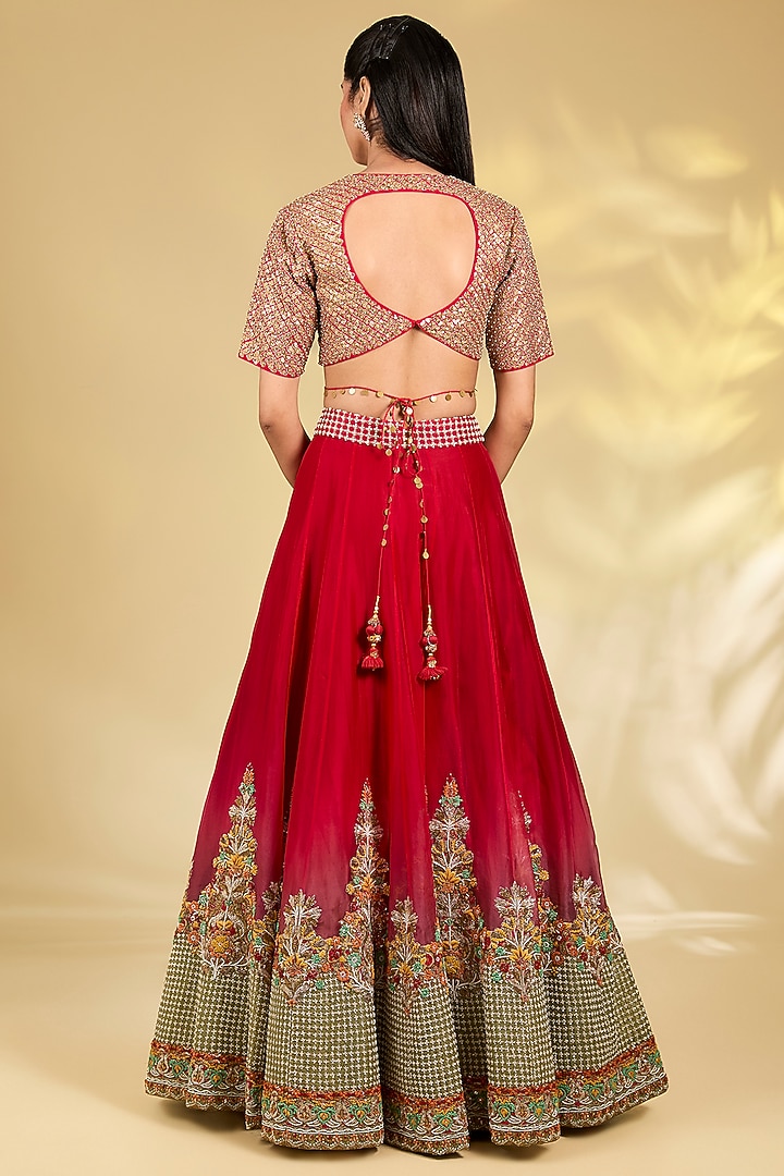 Red Silk Organza Hand & Machine Embroidered Bridal Lehenga Set by Debyani at Pernia's Pop Up Shop