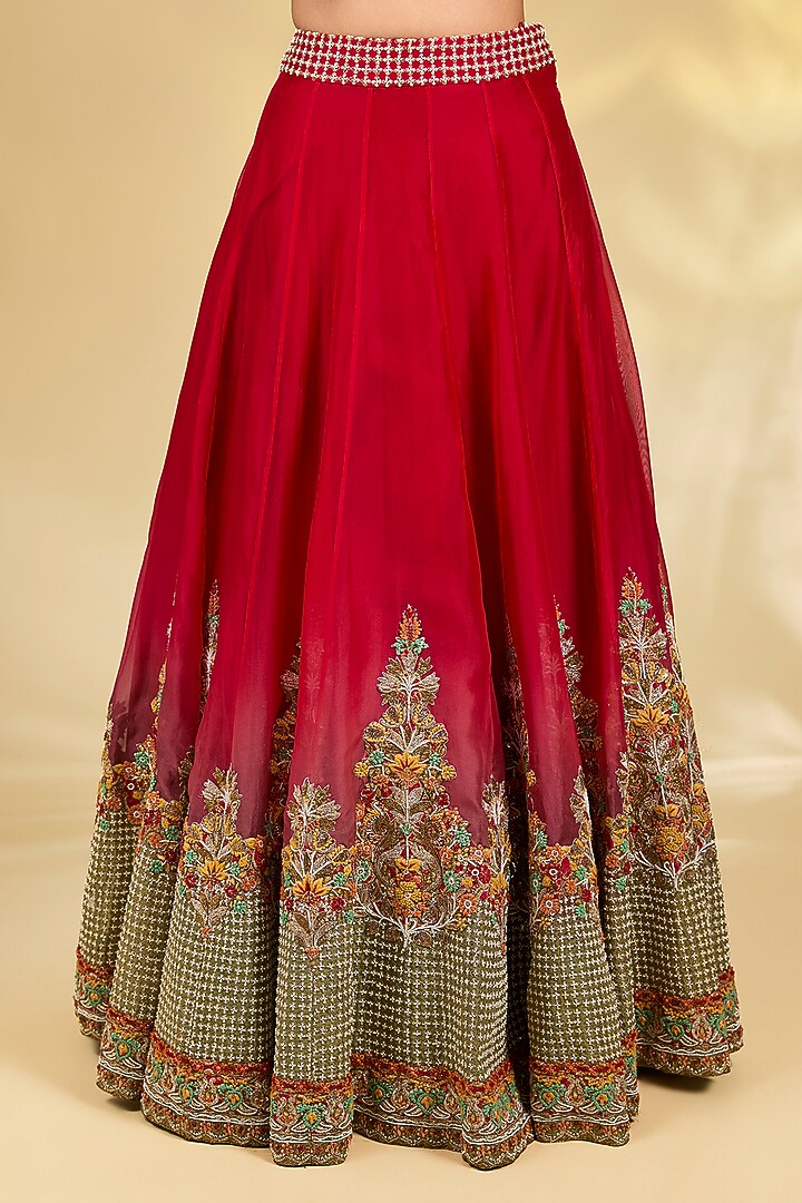 Red Silk Organza Hand & Machine Embroidered Bridal Lehenga Set by Debyani at Pernia's Pop Up Shop