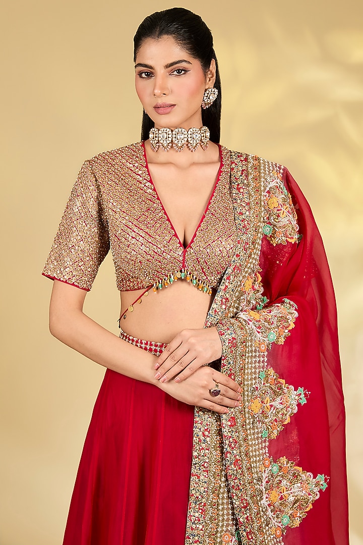 Red Silk Organza Hand & Machine Embroidered Bridal Lehenga Set by Debyani at Pernia's Pop Up Shop