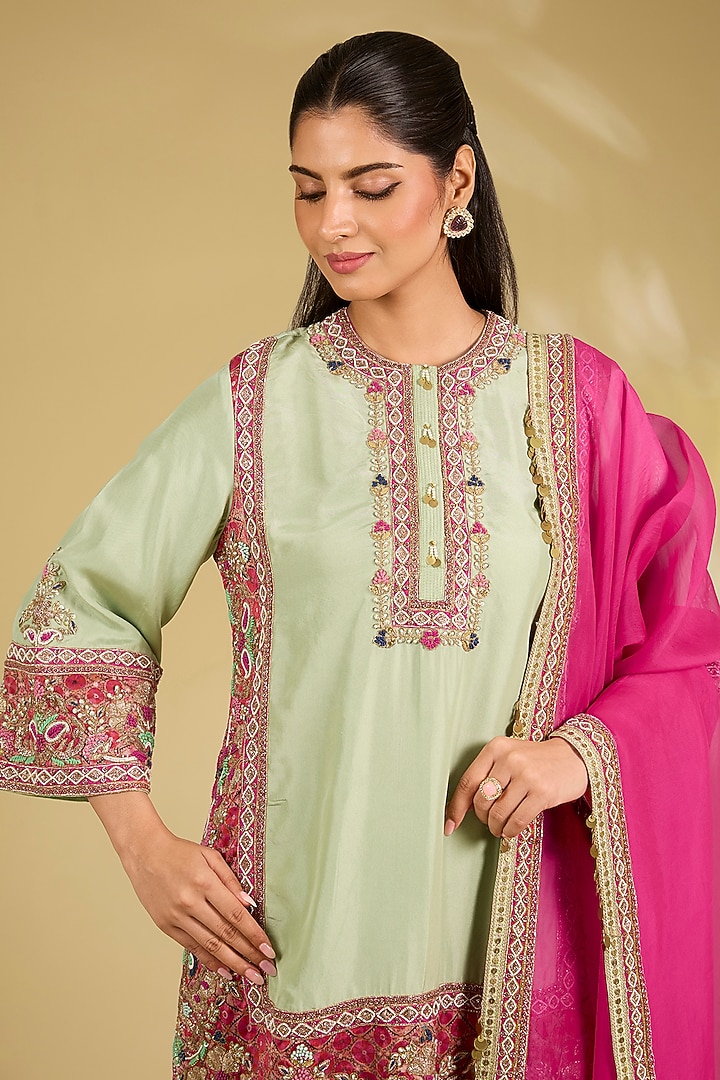 Pista Green Silk Embroidered Kurta Set by Debyani at Pernia's Pop Up Shop