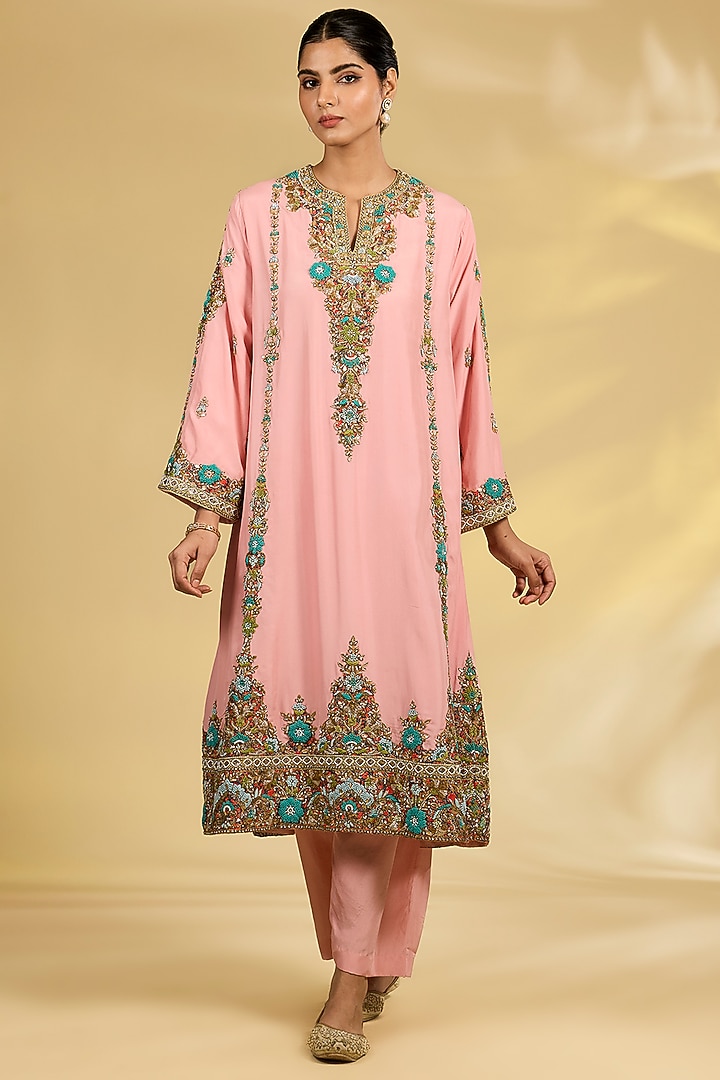 Blush Pink Silk Hand & Machine Embroidered Choga Kurta Set by Debyani at Pernia's Pop Up Shop
