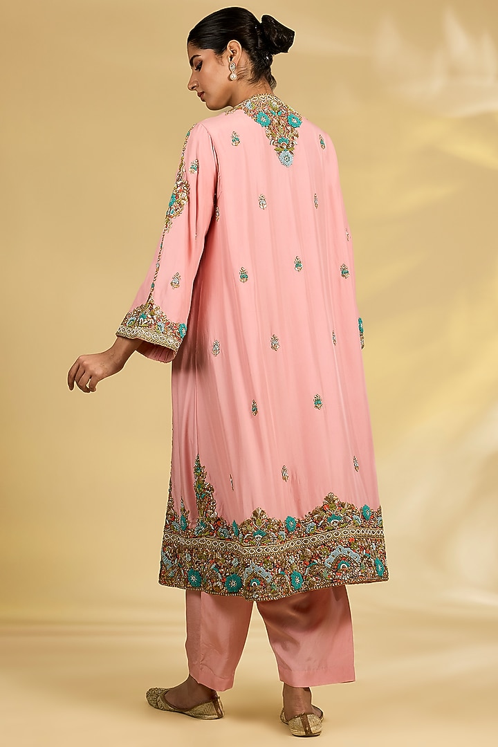 Blush Pink Silk Hand & Machine Embroidered Choga Kurta Set by Debyani at Pernia's Pop Up Shop