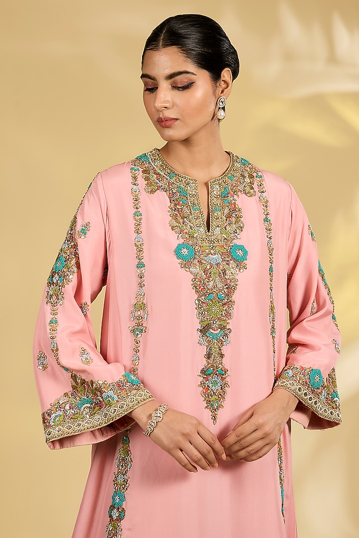 Blush Pink Silk Hand & Machine Embroidered Choga Kurta Set by Debyani at Pernia's Pop Up Shop