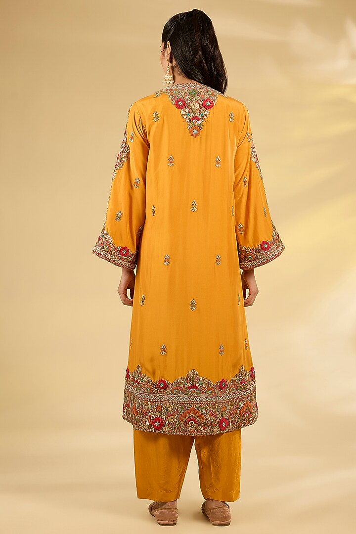 Burnt Orange Silk Hand & Machine Embroidered Kurta Set by Debyani at Pernia's Pop Up Shop
