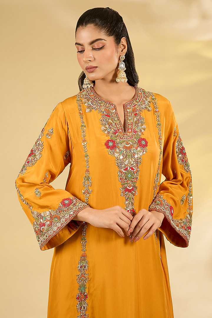 Burnt Orange Silk Hand & Machine Embroidered Kurta Set by Debyani at Pernia's Pop Up Shop