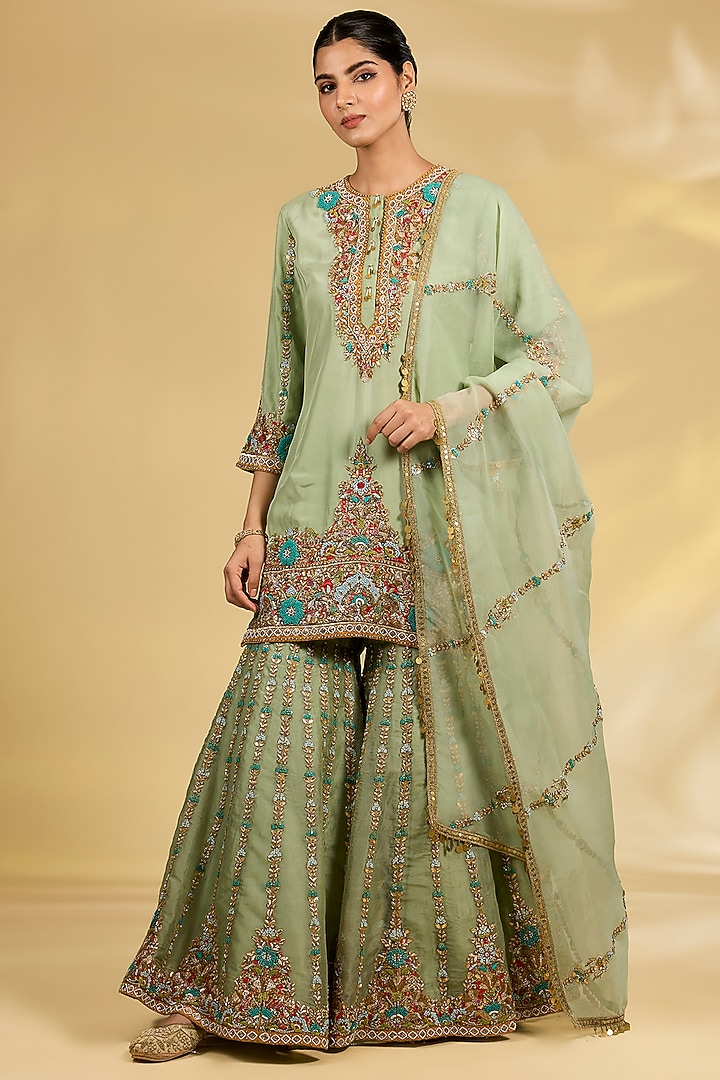 Pista Green Silk Hand & Machine Embroidered Bridal Sharara Set by Debyani at Pernia's Pop Up Shop