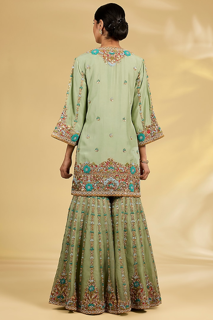 Pista Green Silk Hand & Machine Embroidered Bridal Sharara Set by Debyani at Pernia's Pop Up Shop