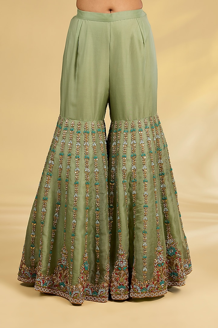 Pista Green Silk Hand & Machine Embroidered Bridal Sharara Set by Debyani at Pernia's Pop Up Shop