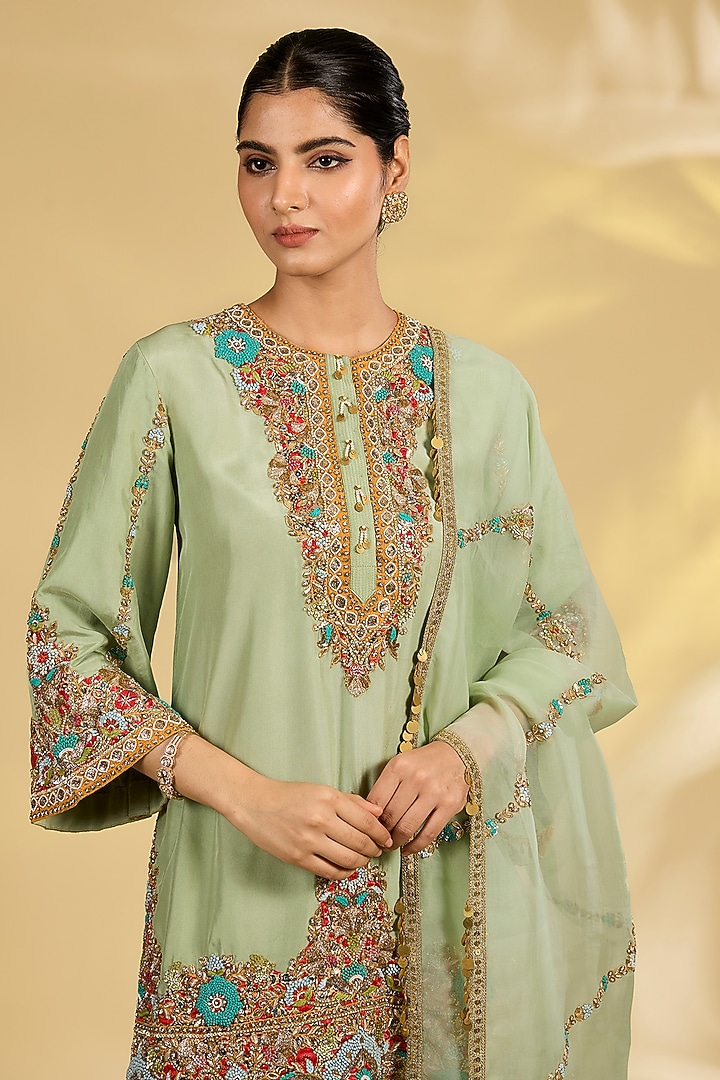 Pista Green Silk Hand & Machine Embroidered Bridal Sharara Set by Debyani at Pernia's Pop Up Shop