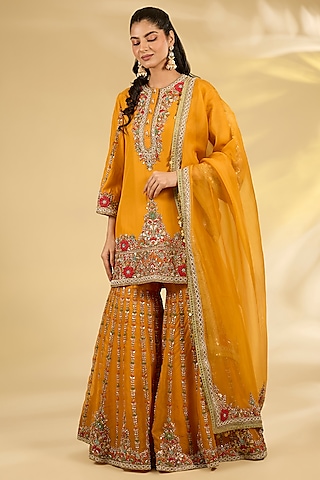 Burnt Orange Organza Hand & Machine Embroidered Sharara Set by Debyani
