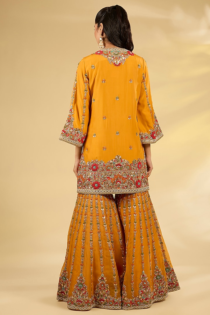 Burnt Orange Organza Hand & Machine Embroidered Bridal Sharara Set by Debyani at Pernia's Pop Up Shop
