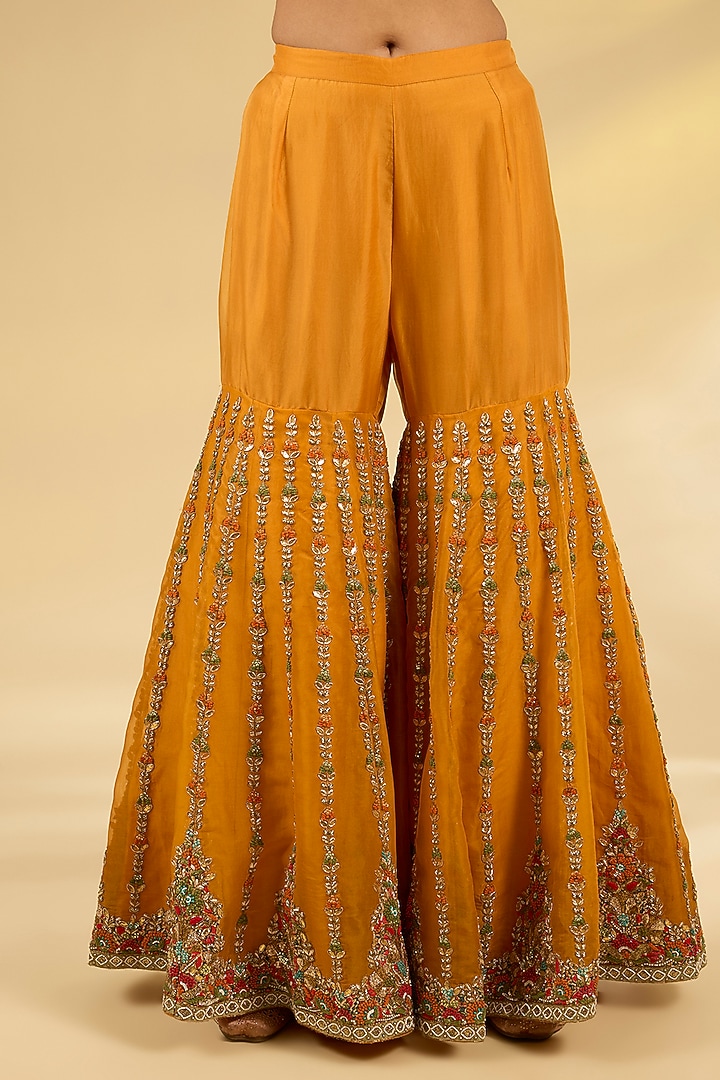 Burnt Orange Organza Hand & Machine Embroidered Bridal Sharara Set by Debyani at Pernia's Pop Up Shop