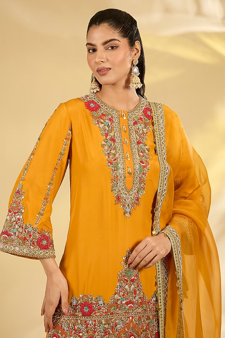 Burnt Orange Organza Hand & Machine Embroidered Bridal Sharara Set by Debyani at Pernia's Pop Up Shop