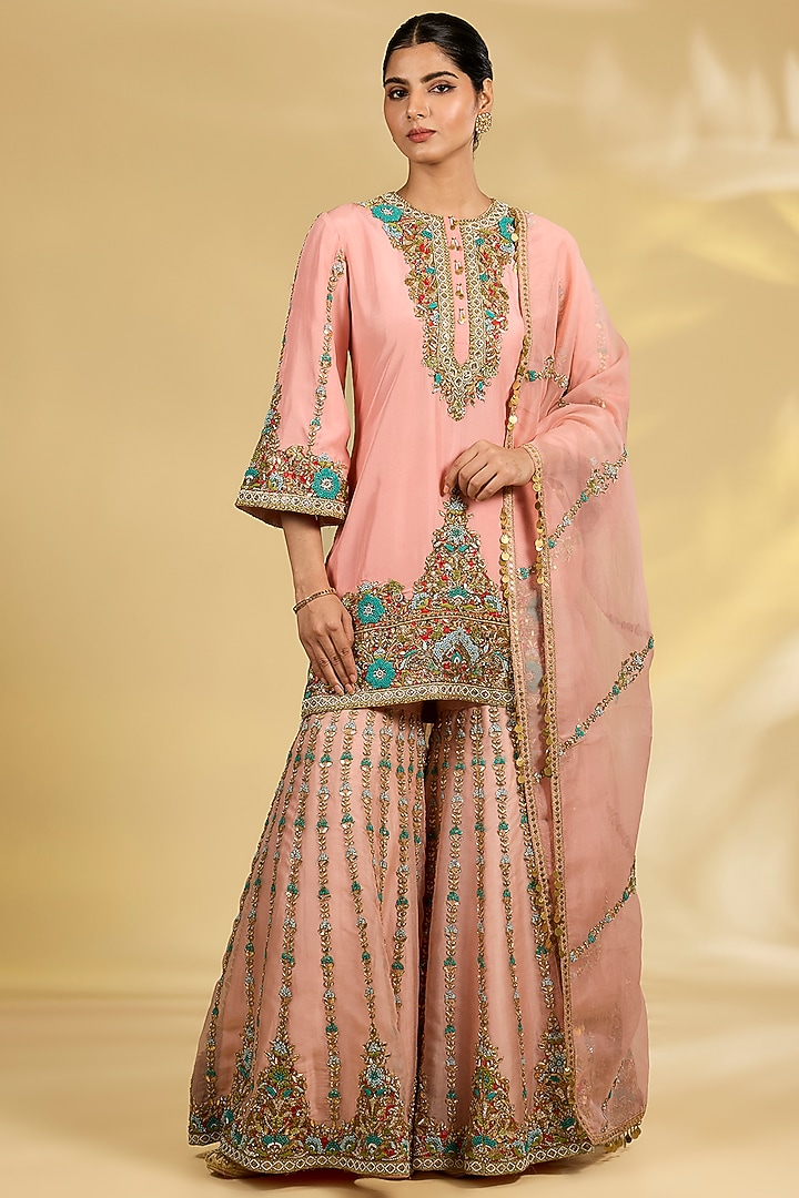 Blush Pink Silk Hand & Machine Embroidered Bridal Sharara Set by Debyani at Pernia's Pop Up Shop