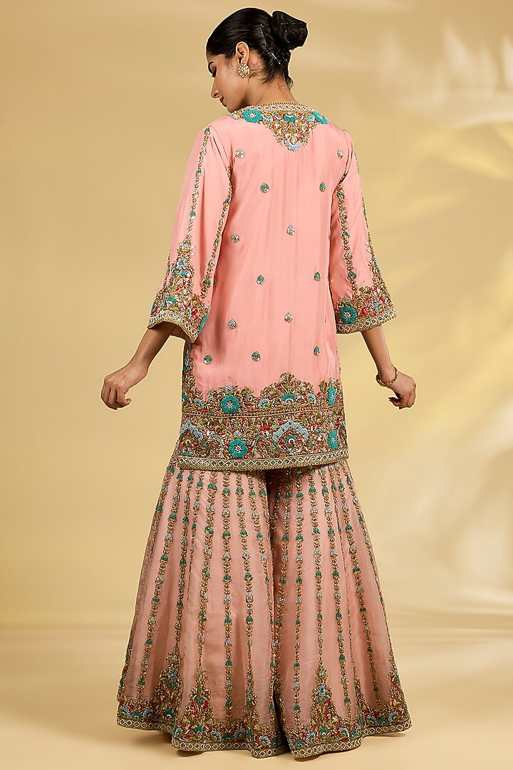 Blush Pink Silk Hand & Machine Embroidered Bridal Sharara Set by Debyani at Pernia's Pop Up Shop