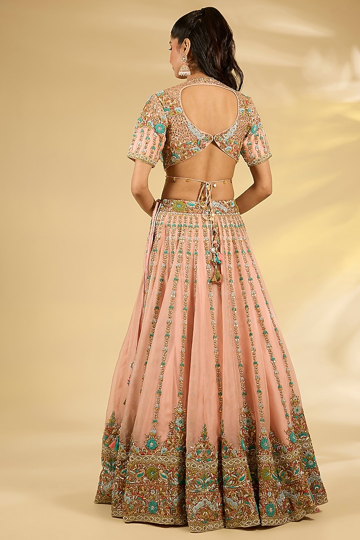 Powder Pink Silk Hand & Machine Embroidered Bridal Lehenga Set by Debyani at Pernia's Pop Up Shop