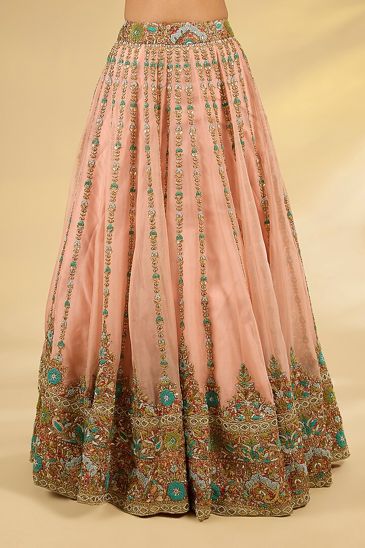 Powder Pink Silk Hand & Machine Embroidered Bridal Lehenga Set by Debyani at Pernia's Pop Up Shop