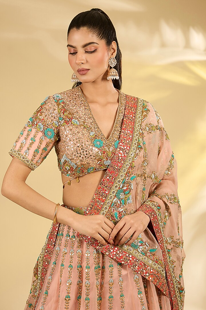 Powder Pink Silk Hand & Machine Embroidered Bridal Lehenga Set by Debyani at Pernia's Pop Up Shop