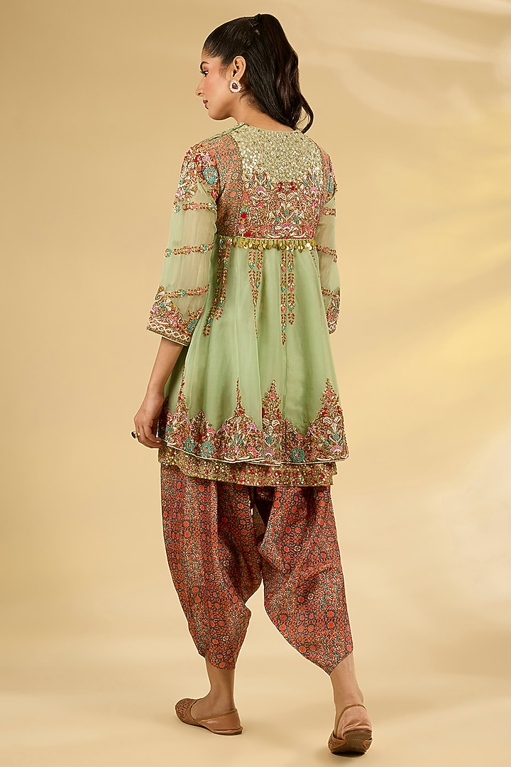 Pista Green Silk Hand & Machine Embroidered Tunic Set by Debyani at Pernia's Pop Up Shop