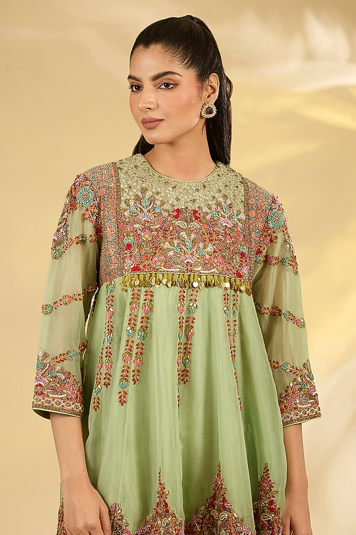 Pista Green Silk Hand & Machine Embroidered Tunic Set by Debyani at Pernia's Pop Up Shop