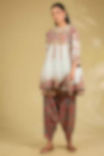 Ice Blue Silk Embroidered & Printed Tunic Set by Debyani at Pernia's Pop Up Shop