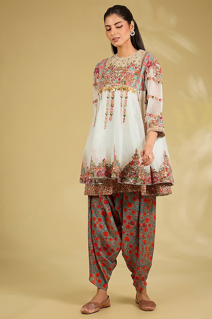 Ice Blue Silk Embroidered & Printed Tunic Set by Debyani at Pernia's Pop Up Shop