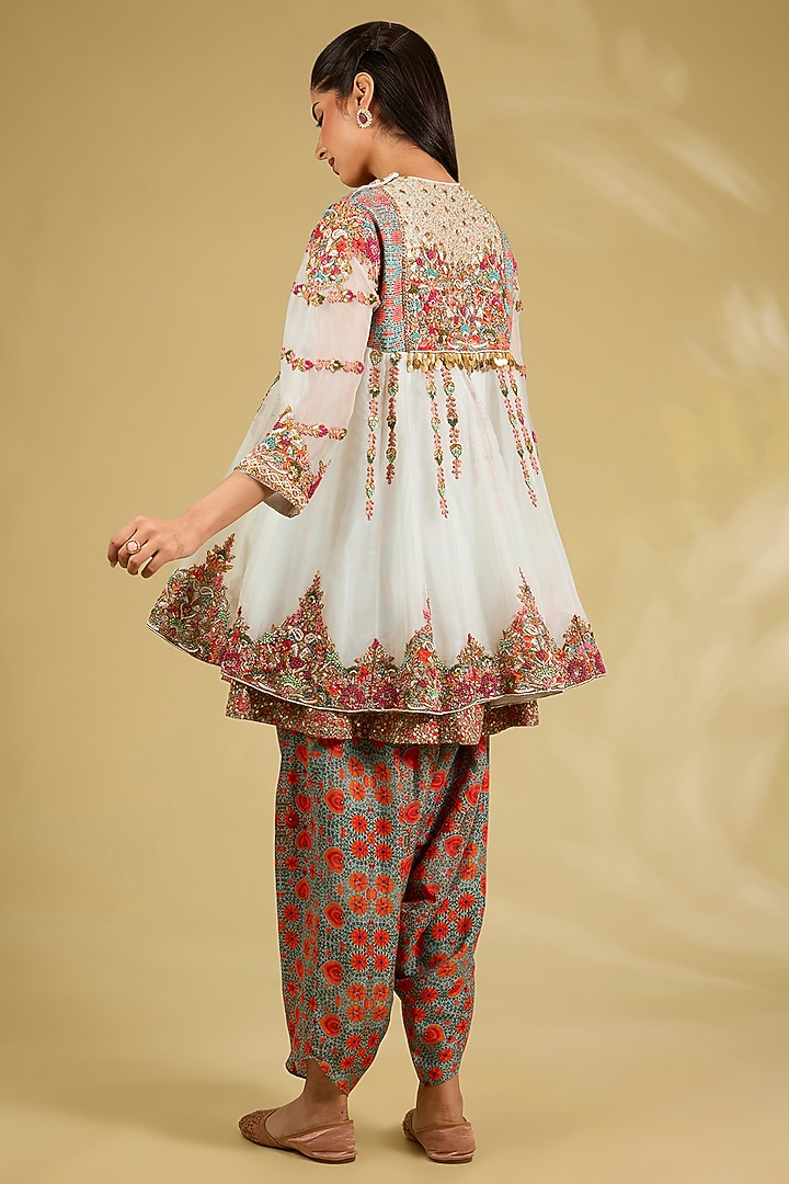 Ice Blue Silk Embroidered & Printed Tunic Set by Debyani at Pernia's Pop Up Shop