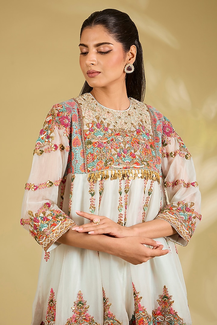 Ice Blue Silk Embroidered & Printed Tunic Set by Debyani at Pernia's Pop Up Shop