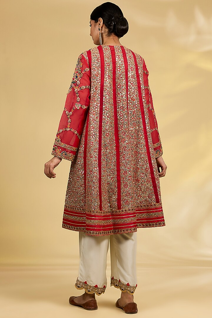Red Organza Hand & Machine Embroidered Jacket Set by Debyani at Pernia's Pop Up Shop