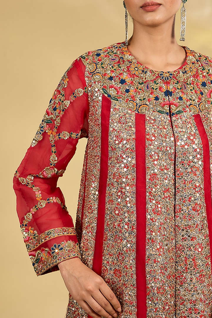 Red Organza Hand & Machine Embroidered Jacket Set by Debyani at Pernia's Pop Up Shop