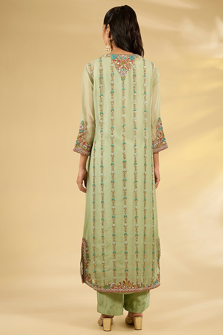 Pista Green Silk Hand & Machine Embroidered Kurta Set by Debyani at Pernia's Pop Up Shop