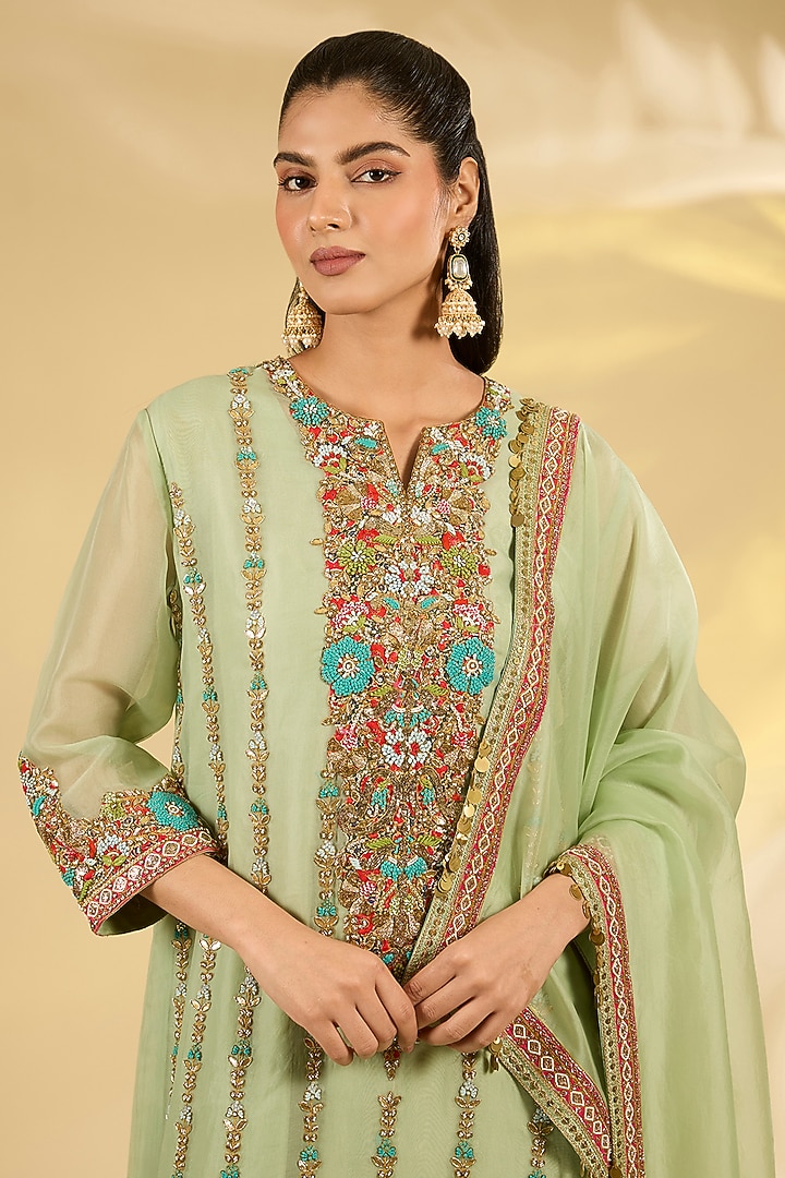Pista Green Silk Hand & Machine Embroidered Kurta Set by Debyani at Pernia's Pop Up Shop