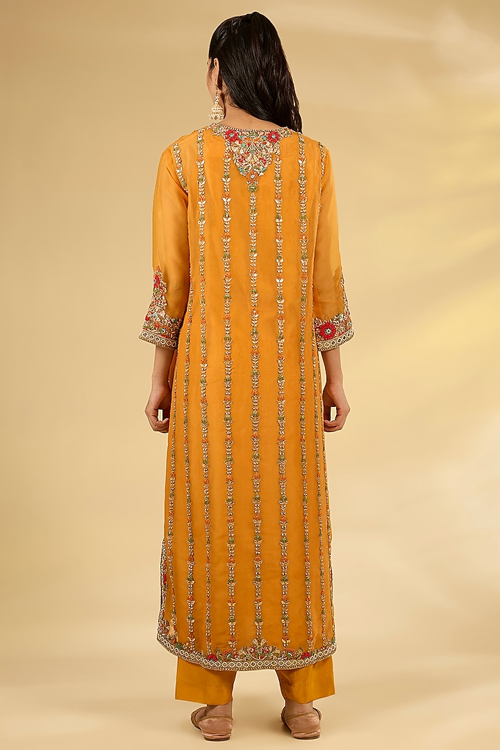 Burnt Orange Silk Hand & Machine Embroidered Kurta Set by Debyani at Pernia's Pop Up Shop