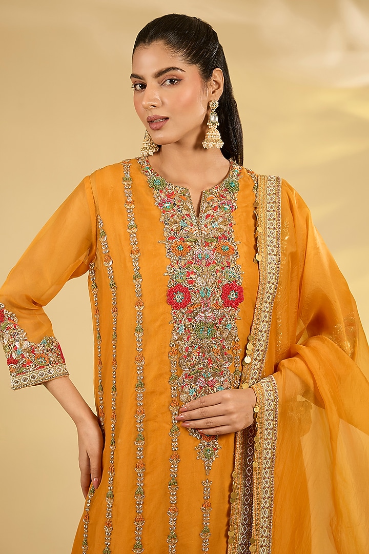 Burnt Orange Silk Hand & Machine Embroidered Kurta Set by Debyani at Pernia's Pop Up Shop