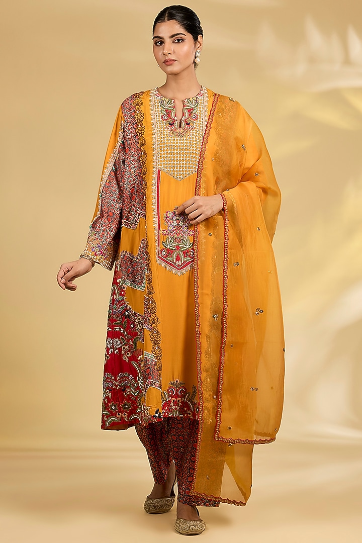 Burnt Orange Silk Hand & Machine Embroidered Kurta Set by Debyani at Pernia's Pop Up Shop
