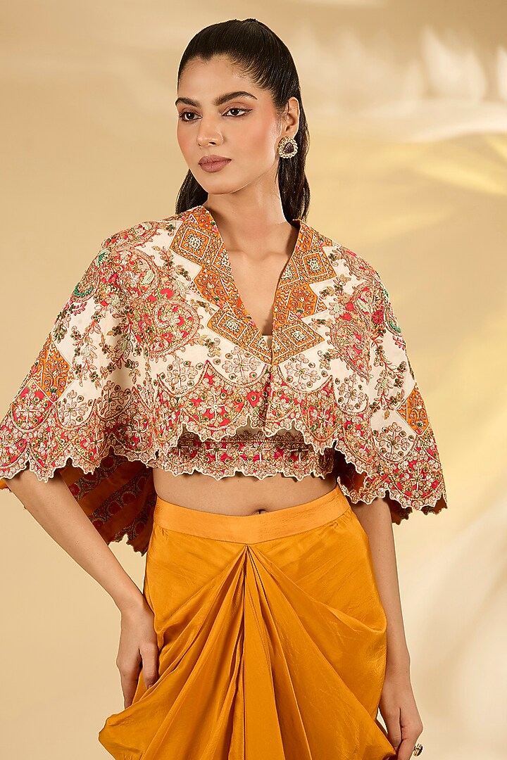 Ivory Silk Hand & Machine Embroidered Cape Set by Debyani at Pernia's Pop Up Shop